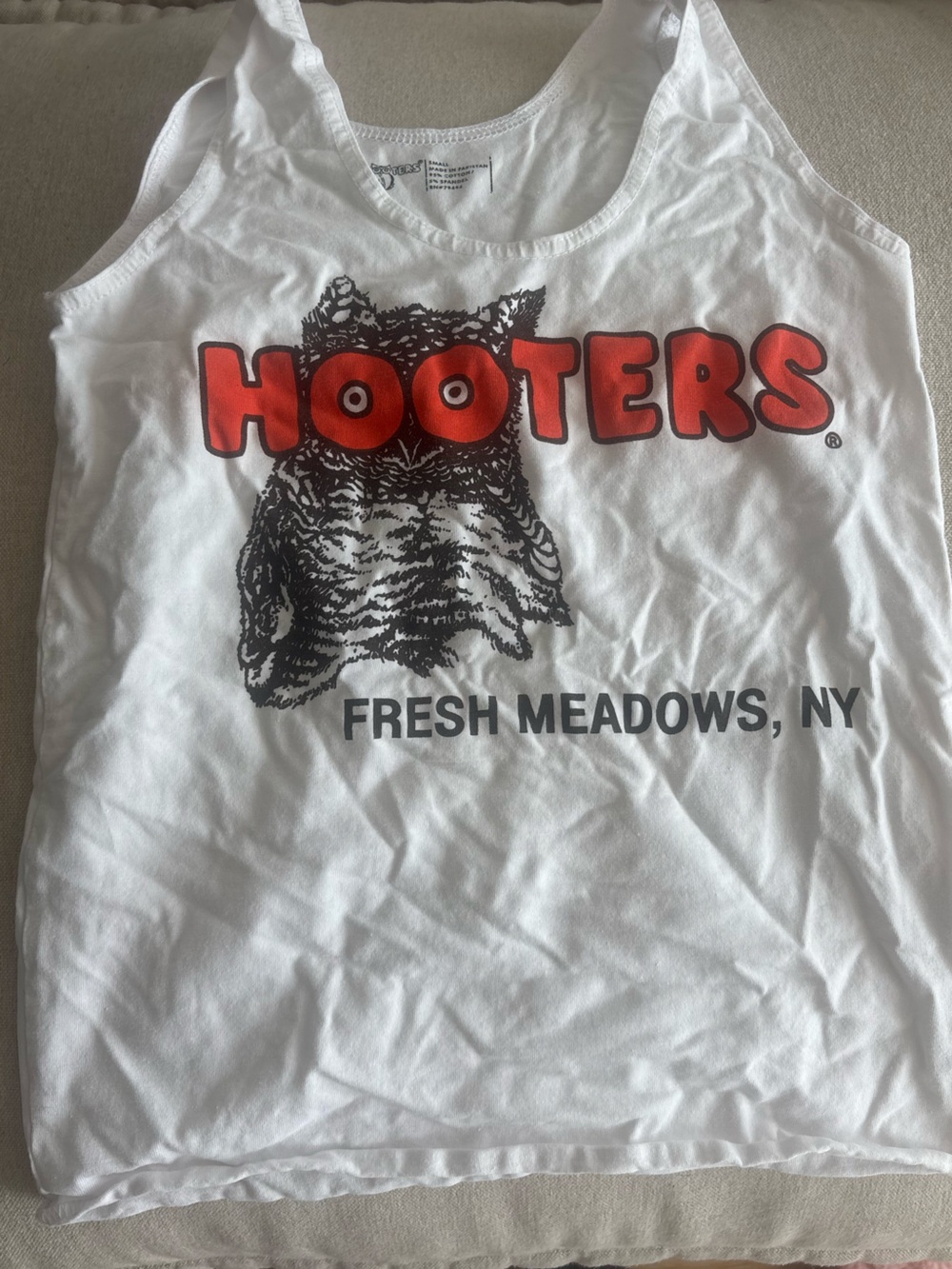 Hooters White Tank Top with Orange Logo and Black Graphic
